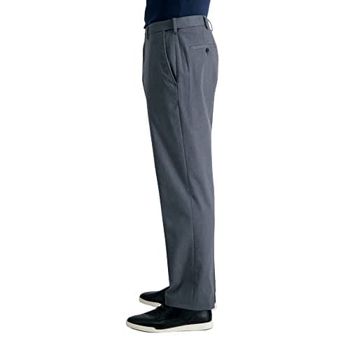 Haggar Mens Premium No Iron Khaki Classic Fit Expandable Waist Flat Front Casual Pants, Charcoal Heather, 36W x 32L US