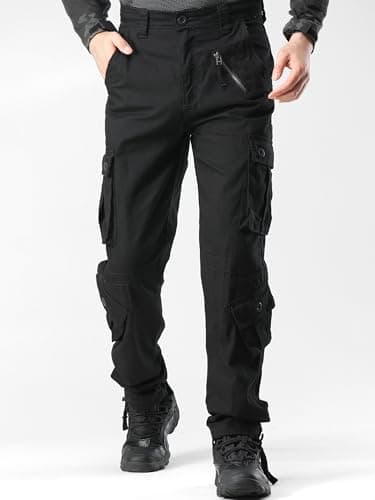 AKHIKING Men's Camo Cargo Work Pants Cotton Tactical Ripstop Casual Combat Pants with 8 Pockets Black 32x32