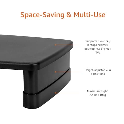 Amazon Basics Height Adjustable Monitor Stand Riser with Storage Organizer, Multifunctional Desk Accessories for Reduced Neck Strain - Fits Monitors, Laptops Up to 22lbs, Black