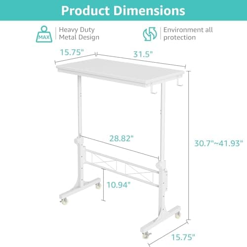 WINAZ Small Portable Treadmill Walking Pad Desk on Wheels, 32 Inch White Adjustable Height Mobile Rolling Standing Teacher Desks, Couch Sofa Side Laptop Stand Up Table for Bedroom, White