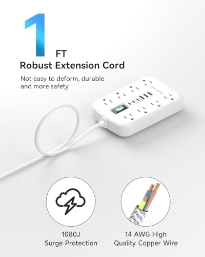 Short Extension Cord 1 ft, Small Power Strip Flat Outlet Extender Surge Protector with 8 AC Outlets 6 USB (5V/4.8A 24W), Mini Extension Cord Flat Wall Plug for Home Office Dorm Kitchen Bathroom