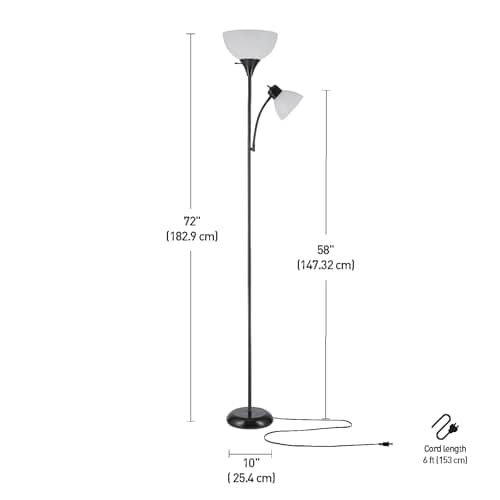 Globe Electric 67135 72" Floor Lamp with Adjustable Reading Light, Bright, Easy-to-Assemble Torchiere for Bedroom, Living Room & Office - Space-Saving Slim Design