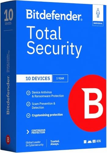 Bitdefender Total Security 2025 – Complete Antivirus and Internet Security Suite – 10 Device | 1 year Subscription | PC/Mac | Activation Code by Mail