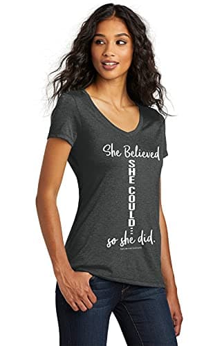 She Believed She Could, So She Did Tri-Blend Ladies' V-Neck T-Shirt - Black Frost [2X]