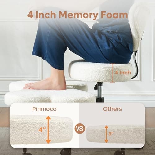 Pinmoco Ergonomic Cross Legged Chair, 360° Swivel Meditation Chair with Wheels, Height Adjustable Seat for ADHD, Strong Lumbar Support, Chic Home Office Furniture, Teddy Fabric, Off White