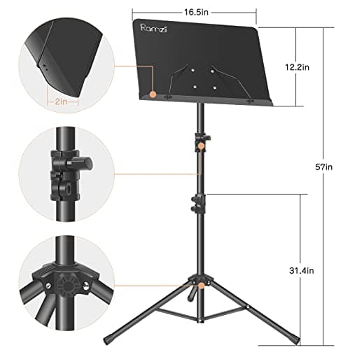 Ramzi Music Stand For Sheet Music 5 In-1 Dual-Use Desktop Book Stand , Music Stand Light, Carrying Bag, Sheet Music Clip