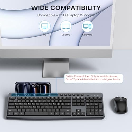 Wireless Keyboard and Mouse Combo, 2.4G Full Size Silent Keyboard with Phone Holder Slot, 3 Level DPI＆Quiet Click Mouse, OMOTON Ergonomic Cordless Keyboard Mice for Computer/Laptop/Windows (BlackGrey)