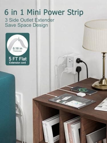 5Ft Flat Plug Small Power Strip,3-Side White Extension Cord with 6 Wide Outlets Extender,No Surge Protector,Cruise Ship Essentials,Multi Plug for College Dorm Home Office Travel,Wall Mount,ETL Listed