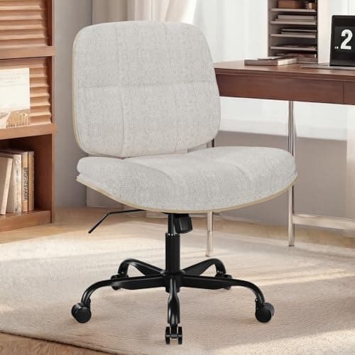 Armless Criss Cross Office Chair, Walnut Cross Legged Desk Chair with Wheels, Ergonomic Criss Cross Vanity Chair, Adjustable Wide Swivel Task Chair, Modern Office Chair for Home, Fabric Seat, Beige