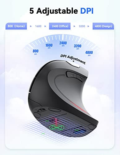 TECKNET 2.4G Ergonomic Mouse Vertical Wireless - 4800 DPI Optical Carpal Tunnel Mouse Right Hand, 5 Adjustable DPI, Quiet Clicks, 6 Buttons for Laptop, Desktop, PC, Computer - Black