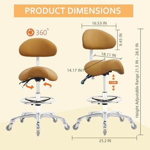 Nazalus Saddle Stool Chair with Back Support Footrest, Heavy-Duty(350LBS), Hydraulic Rolling Swivel Adjustable Stool Chair for Salon Spa Beauty Massage Dental Clinic Home Office Use(Camel)