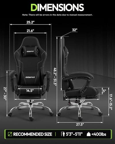 Dowinx Ergonomic Gaming Chair with Footrest & Massage Lumbar, 2D-Linkage Armrests for Computer Chair 330lbs with Headrest Pillow for Office, Home, Streaming and Long Gaming Sessions, Black