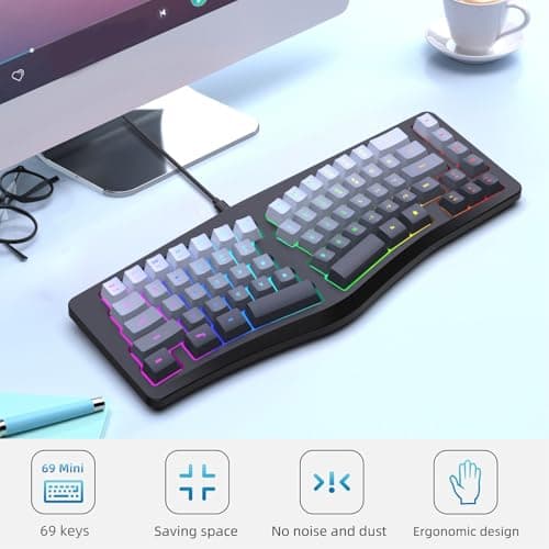 Yoidesu Wired PC Keyboard, 69 Key Ergonomic Keyboard with RGB Backlit, Detachable Type C, Compact Mini Split, Plug and Play, for PC Desktop Games Office