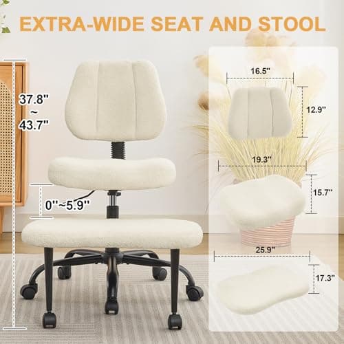 Ergonomic Cross Legged Office Chair for ADHD Adults, Criss Cross Desk Chair with Back Support, Swivel Meditation Chair with Wheels, Adjustable Height (Beige, Teddy Fabric)