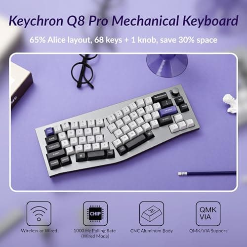 Keychron Q8 Pro Full-Metal Wireless Custom Mechanical Keyboard, 65% Alice Layout Bluetooth/Wired, QMK/VIA, Hot Swappable, 1000 Hz Polling Rate, RGB Backlit for Mac Windows Linux-Grey