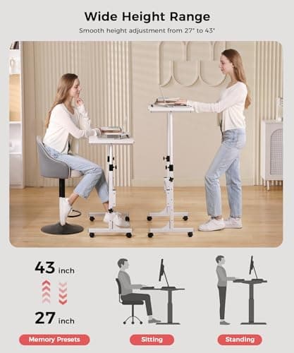 KLSMYHOKI Standing Desk Adjustable Height, Mobile Stand Up Desk with Wheels Small Computer Desk Rolling Desk, Portable Laptop Desk White Standing Table Home Office Desks 16"x31.5" Height 27"-43.5"