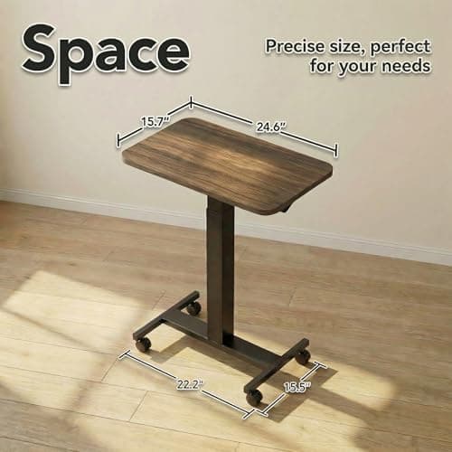 HUANUO Small Rolling Laptop Standing Desk, Height Adjustable Mobile T-Base Desk with Lockable Casters, Portable Sit-Stand Workstation for Bedside & Sofa, Walnut