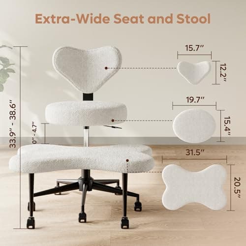 Pinmoco Ergonomic Cross Legged Chair, 360° Swivel Meditation Chair with Wheels, Height Adjustable Seat for ADHD, Strong Lumbar Support, Chic Home Office Furniture, Teddy Fabric, Off White
