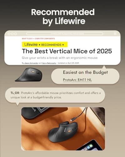 ProtoArc Ergonomic Mouse, EM11 NL Bluetooth Rechargeable Wireless Vertical Mouse, 3 Multi-Device Connectivity for Computer/PC/Laptop, 2.4GHz USB-A Optical Mice for Windows, Mac OS, Black