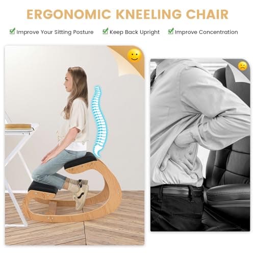 Giantex Ergonomic Kneeling Desk Chair, Rocking Knee Chair with Cushion & Solid Wood Frame, Natural Relief for Neck or Back Pain, Posture Chair for Desk, Home, Office, Max Load 330 Lbs (Black)