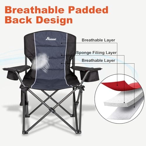 Romswi Oversized Camping Chairs,Heavy Duty Support 500 LBS,Padded Back & Arm Sport Chairs, Cup Holder Cooler Bag, Collapsible Folding Chairs for Outdoor, Fishing & Garden, Black,2-Pack