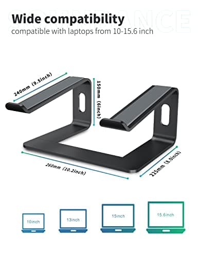 SOUNDANCE Laptop Stand, Aluminum Computer Riser, Ergonomic Laptops Elevator for Desk, Metal Holder Compatible with 10 to 15.6 Inches Notebook Computer, Black
