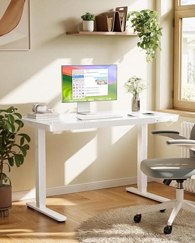 Marsail Glass Standing Desk with Drawer, 48 x 24 inch Electric Standing Desk, Height Adjustable Desk with One-Piece Tabletop & USB Charging Ports, Sit Stand Desk with Storage for Home & Office White