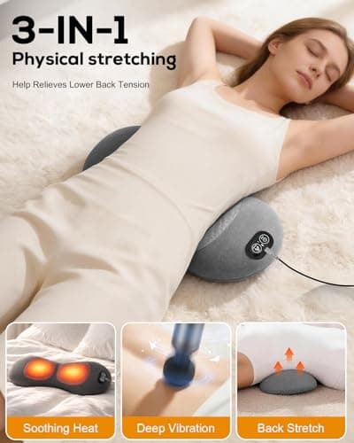 3 in 1 Lower Back Massager, Triple Fusion Back Massager with Heat, Vibration and Stretch, Lumbar Support Pillow with Ergonomic Memory Foam for Bed and Chair (Black)