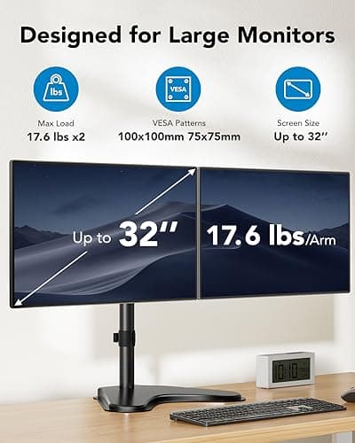 HUANUO 32 inches Dual Monitor Stand up to 17.6lbs per Arm, High-Grade Aluminum Free Standing Dual Monitors Mount for 2 Screens. Fully Adjustable Dual Monitor Stand for Desk with Tilt, Swivel, Rotation