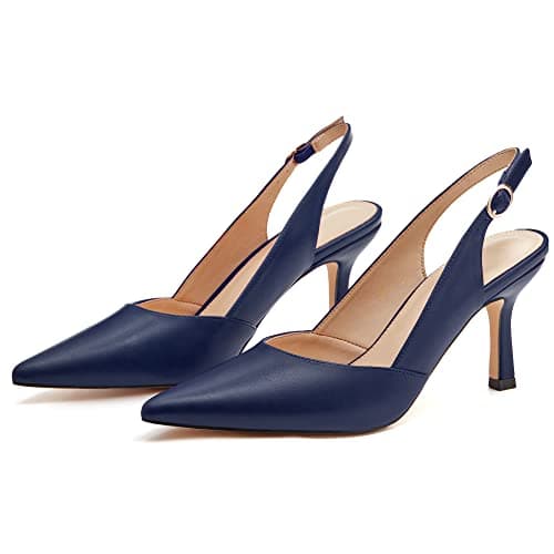 Women's Kitten Heels Pumps Pointed Closed Toe Wedding Party Dress Slingback Pump Shoes Navy