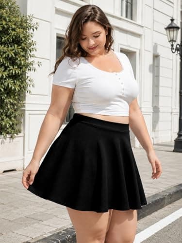 Moon Wood Plus Size Skater Skirt for Women Stretchy Flared Casual High Waisted Mini Skirt for Daily Theme Parks Black