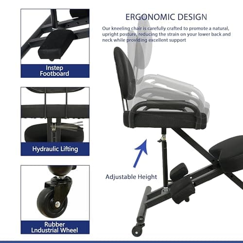 Ergonomic Kneeling Chair with Back Support and Foot Pedals — Adjustable Posture Stool for Back Pain Relief, Rolling Kneeling Chair for Home & Office, Extra Comfort Cushion, Angled Design