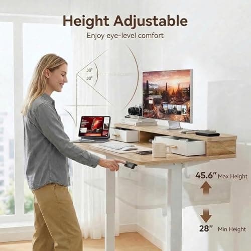 Grandder Electric Standing Desk with Two Drawers, Sit to Stand Up Height Adjustable Desk with Storage Shelf for Home Office, 47 * 24 Inch, Study, Ergonomic Adjustable Computer Desk, Oak