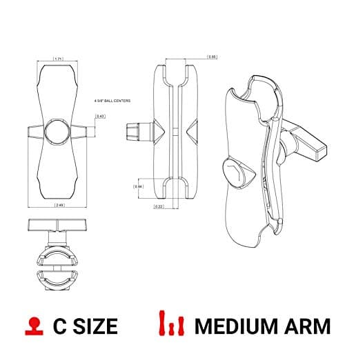 RAM Mounts Double Socket Arm, Standard Length C Size 1.5" Ball Connector Arm for RAM Mount Systems, Marine Electronics & Device Holders RAM-201U