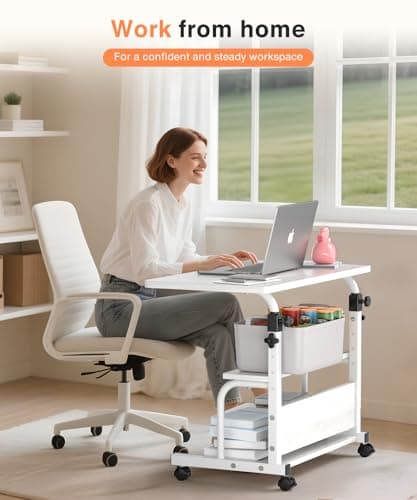 QZMDSM Portable Desk with Wheels Small Standing Desk on Wheels Adjustable Height Rolling Desks for Small Spaces, 32" Computer Desks with Storage Shelves for Home Office Study White