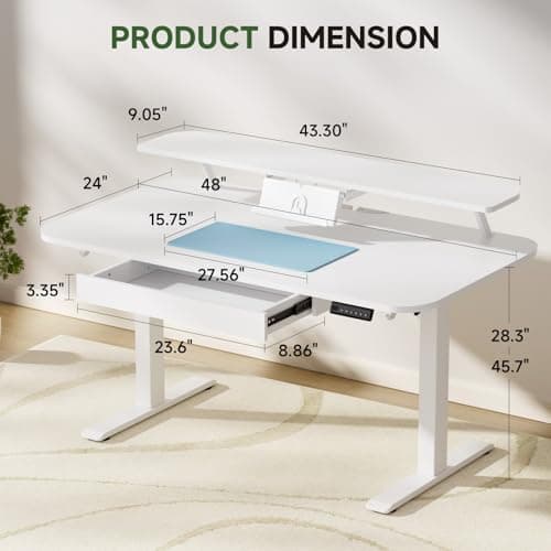 GTPLAYER Electric Standing Desk with Drawers, 48 x 24 Inches Height Adjustable Computer Desk with Monitor Stand, Laptop Stand, Sit Stand up Desk with Memory Preset for Home, Office, White