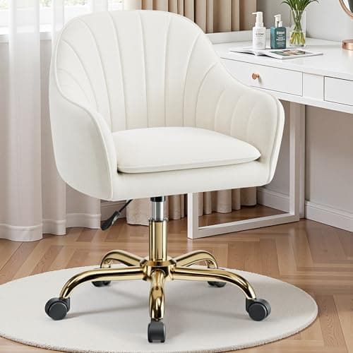 BestEra Vanity Chair with Wheels, Comfy Home Office Desk Chairs Adjustable Modern Velvet Makeup Vanity Chairs for Bedroom Living Room-Beige
