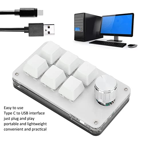 Acogedor One Handed Macro Mechanical Keyboard with Adjustment Knob, Portable Mini Mechanical Gaming Keypad, 6 Fully Programmable Keys (Black White)