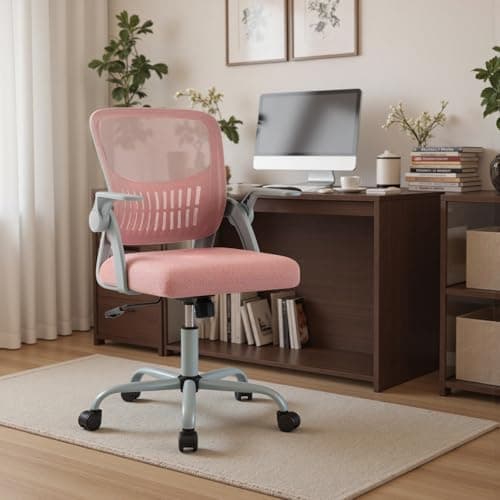 DUMOS Home Office Computer Chair - Ergonomic Mid Back Desk with Lumbar Support and Rocking Mode, Height Adjustable with Flip-up Armrest, for Conference Meeting Room, 360° Swivel, Adults, Pink