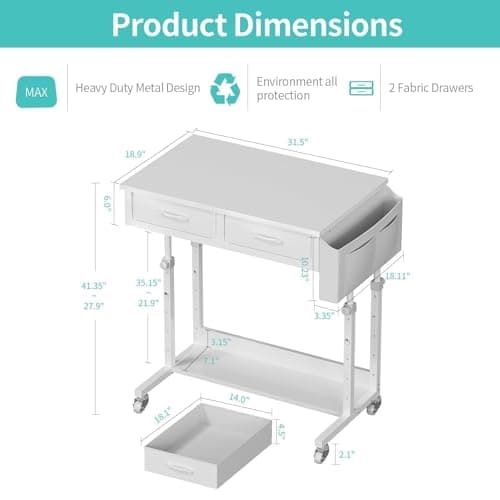 WINAZ Small Rolling Desk with Drawers & Storage - Mobile Workstation on Wheels for Teacher & Student, Adjustable Height Portable Standing Desk for Small Spaces, Compact Sewing & Crafting Table