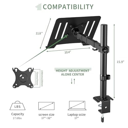 UPGRAVITY Laptop Desk Mount, Single Laptop Stand Arm with Vented Tray for 17 inch Notebook or 14”-32” Monitor, Holds up to 17.6 lbs, Fully Adjustable, Clamp/Grommet Mounting, VESA 75/100mm