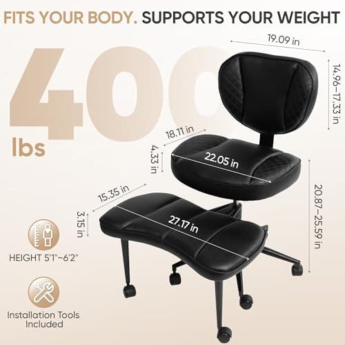 EGSEAT Criss Cross Office Chair with Wheels, Adjustable-Height Backrest & Swivel Footrest, Ergonomic Cross Legged Office Chair with Leg Rest for Kneeling Meditation Yoga ADHD (Black Leather)