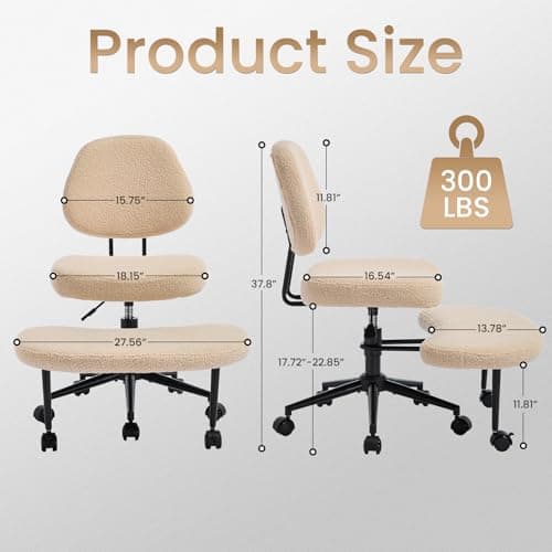Criss Cross Chair Armless Office Chair for Cross Legged Sitting, 300lb Heavy Duty Ergonomic Desk Chair for ADHD, Adjustable Meditation Yoga Kneeling Chair with Brake Wheels for Home Office (Beige)