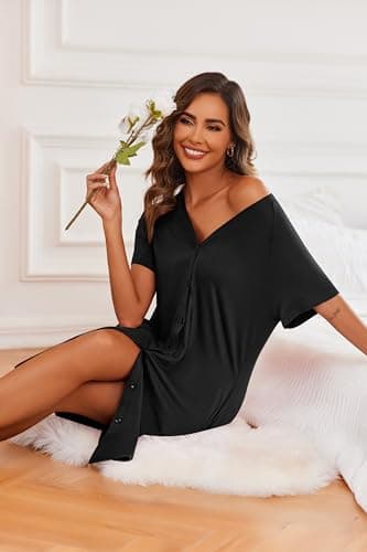 Ekouaer 3 Pack Women's Nightshirt Button Down Nightgown Short Sleeve Sleepshirt V Neck Pajama Dress with Pockets