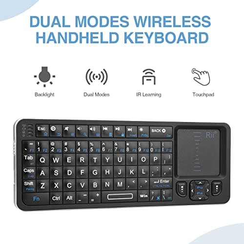 Rii K06 Mini Bluetooth Keyboard,Backlit 2.4GHz Wireless Keyboard with IR Learning, Portable with Touchpad,Compatible with Amazon Fire Stick/VR Glasses/HTPC/IPTV (2.4G and Bluetooth)
