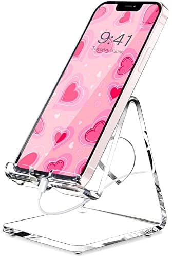 Crpich Acrylic Cell Phone Stand, Portable Phone Holder, Clear Phone Stand for Desk, Compatible with Phone16 15 14 13 Pro Max Mini 12 11 SE, Switch, Android Smartphone, Pad, Tablet, Desk Accessories