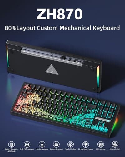 ZORNHER ZH870 Wireless Gaming Mechanical Keyboard,80% Black Custom Creamy Sound Keyboard with Shine Though Wave of Kanagawa Kanagawa Keycaps,Creamy Sounding Linear Switches,Hot-Swappable,RGB Backlit