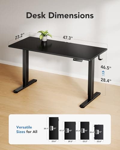 HUANUO Electric Standing Desk, Whole Piece Desktop, Adjustable Height Computer Desks, 4 Height Memory Settings, Sit Stand Up Desk for Home Office, 48" x 24", Black