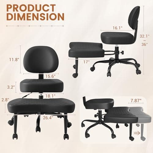 Shahoo Ergonomic Cross Legged Office Chair with Wheels - Adjustable Height Kneeling Meditation Chairs for ADHD, Yoga & Desk Work - Wide Criss Cross Seat with Lumbar Support, (Faux PU,Black)