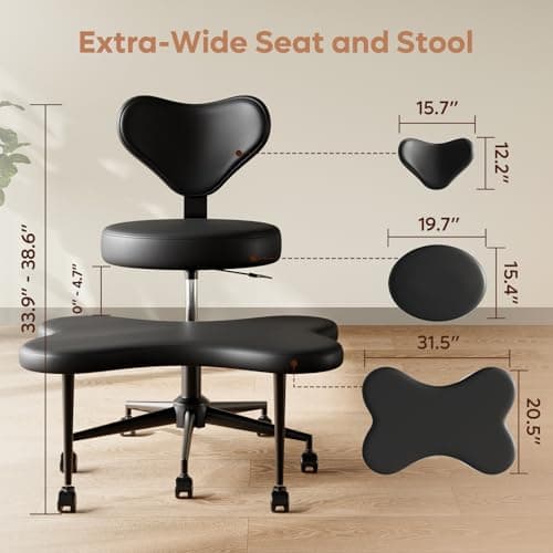 Pinmoco Cross Legged Office Chair with Wheels, Ergonomic PU Leather Criss Cross Meditation Chair for ADHD, 360° Swivel Adjustable Height Desk Chair with Lumbar Support for Home Office Yoga, Black